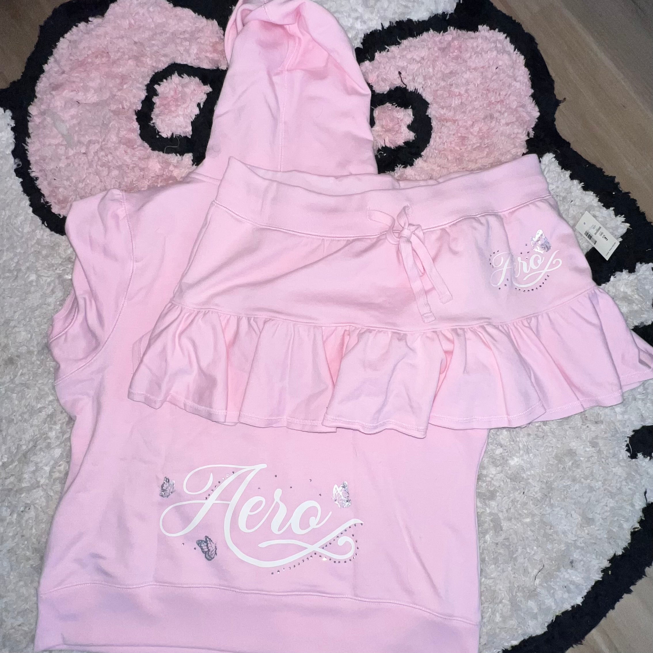 NWT Aeropostale pink butterfly short sleeve tracksuit skirt set